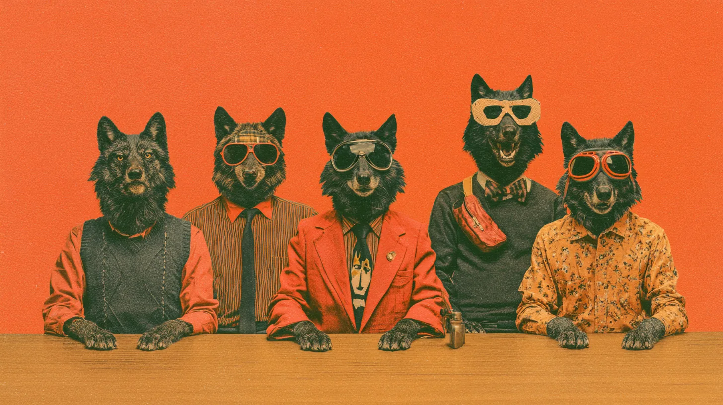 Five wolves in 1970s clothing seated side by side at a table against an orange backdrop